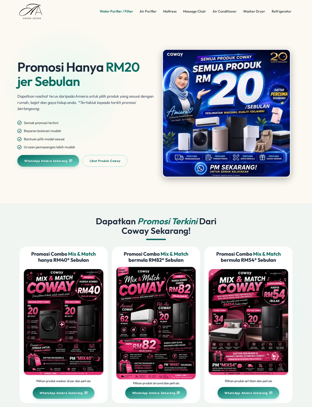 Website Amiera Azizan untuk produk Coway
